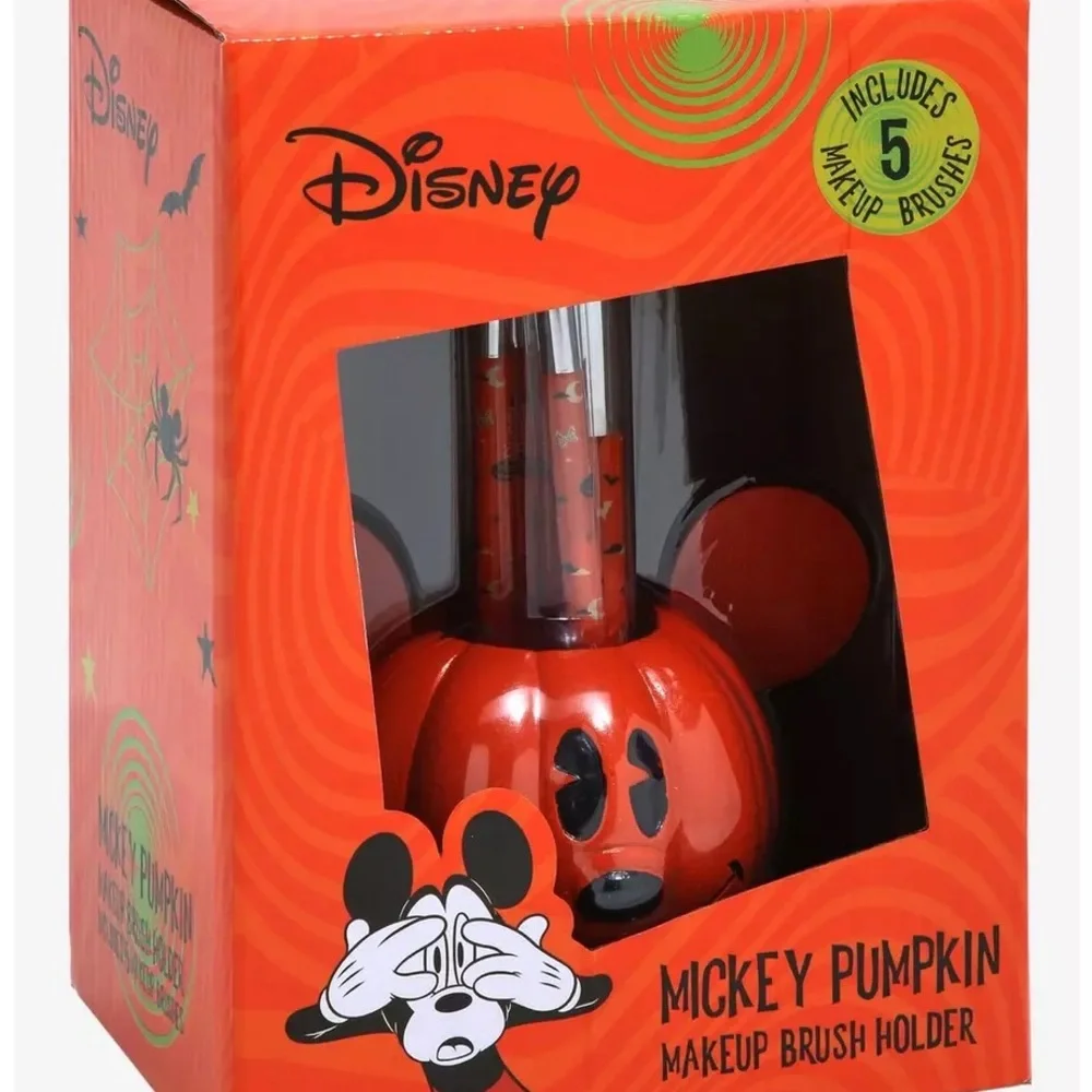NIB Disney Mickey Mouse Jack-O'Lantern Makeup Brush Set & Holder